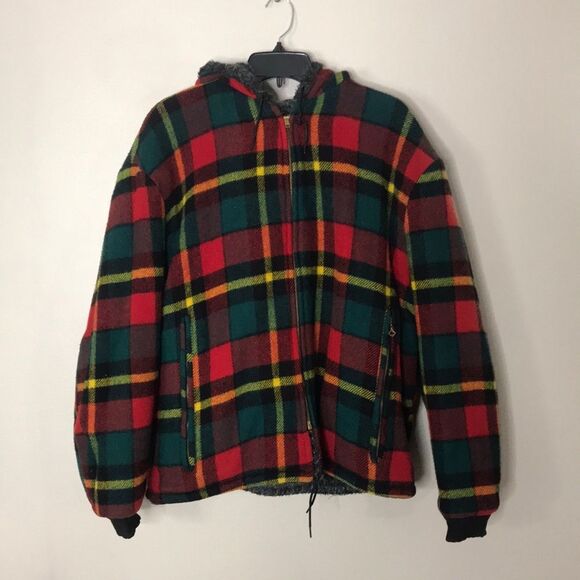 Golden Fleece reversible wool plaid and charcoal gray zip up hooded jacket - Picture 2 of 16